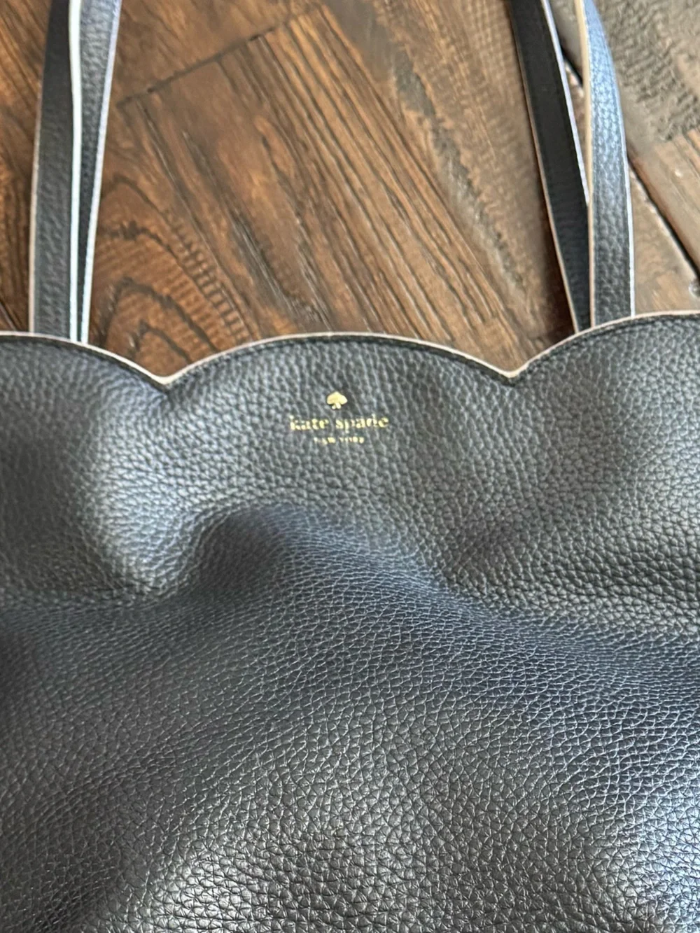 kate spade Dark Navy Pebble Leather Scallop-Top Tote with Cream Trim